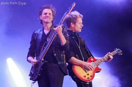 John Taylor and Dom Brown from Duran Duran perfom on stage in Wroclaw, Poland