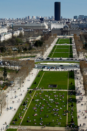 View from the Eiffel Tower at the Champ de Mars with the Montparnasse Tower in background