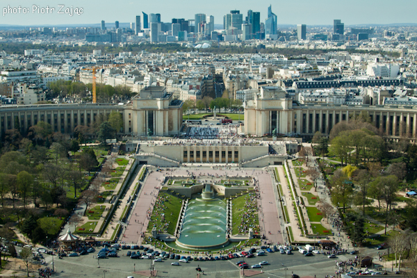View from the Eiffel Tower at Trocadero Gardens and La Defence district in background