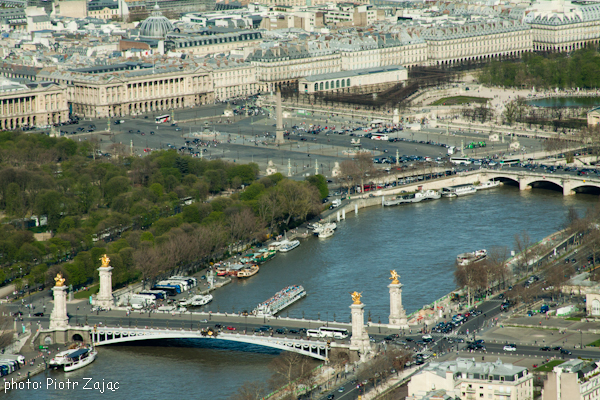 View from the Eiffel Tower at the Pont Alexandre III bridge and Place de la Concorde in background