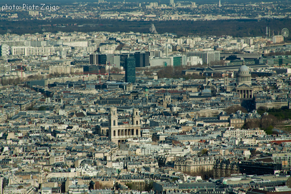 View from the Eiffel Tower towards the east with the church of Saint-Sulpice in the middle and the Pantheon on the right