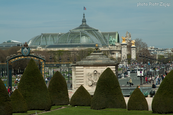 View from the Esplanade des Invalides at the Pont Alexandre III bridge with the Grand Palais in background