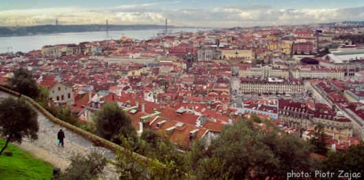 View from the Saint George Castle at Lisbon with the 25 de Abril Bridge in background
